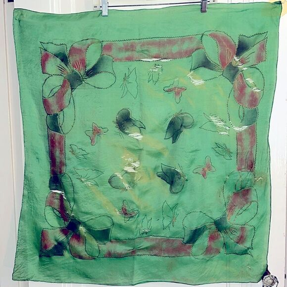 Vintage Accessories - Vtg‎ Brico  5 1/2 Momme green silk artsilk scarf painted with butterflies- AS IS
